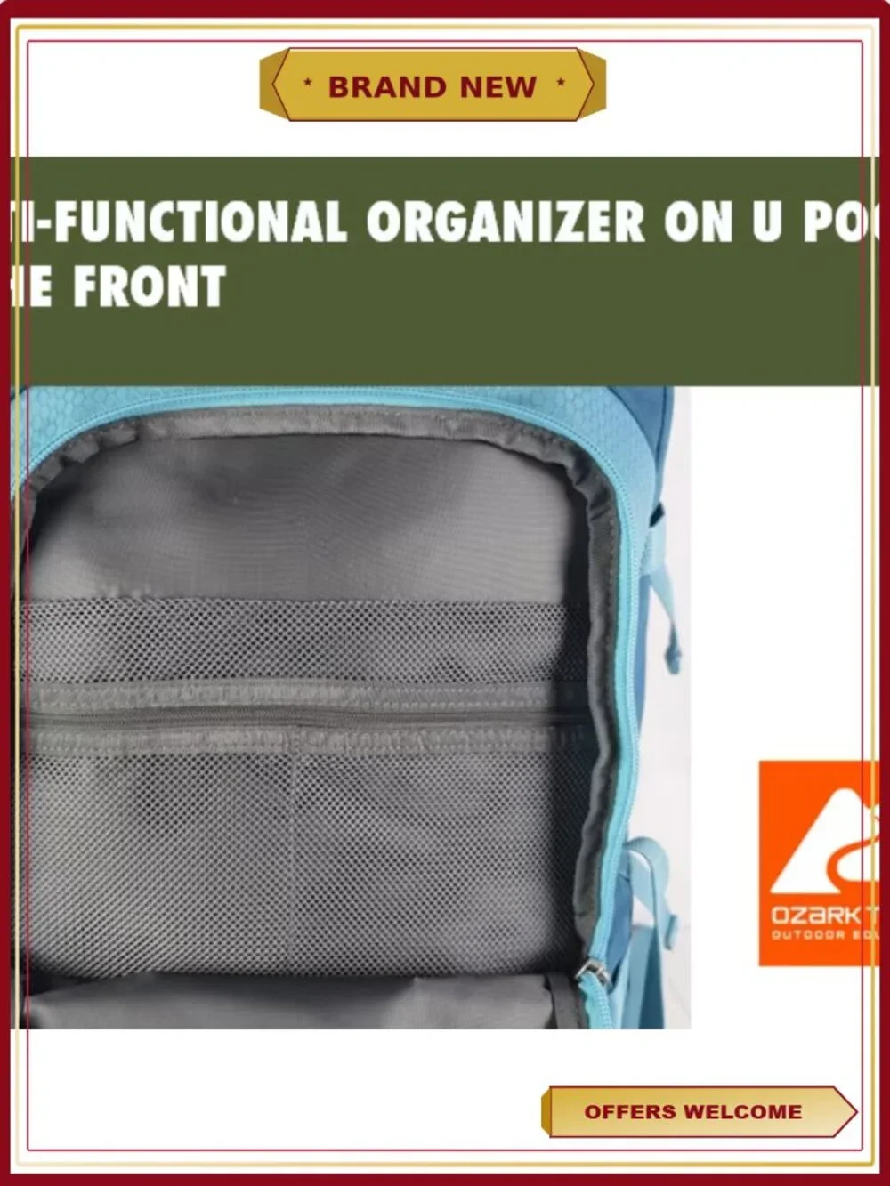 50L Hiking Backpack with Pockets, Water-Resistant, Stowable Rain Cover